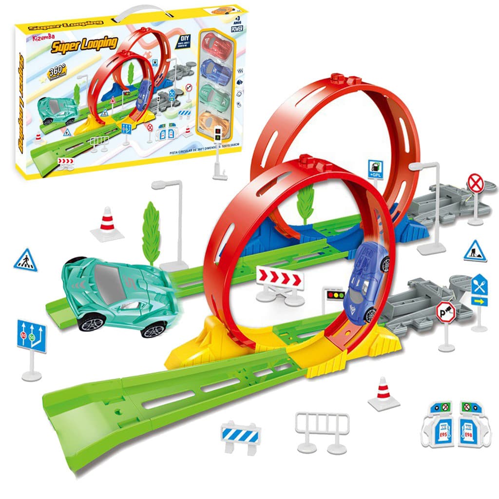 Kit Pistas de Carrinhos Lançador Looping Com 2 Carrinhos Competição Compatível Hot Wheels Kizumba