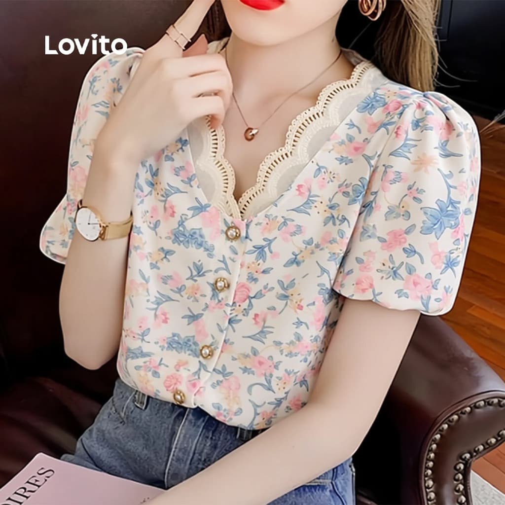 Lovito Elegante Blusa Botão Frontal Babado Pescoço Blusa Primavera/verão para Mulheres L182LD053