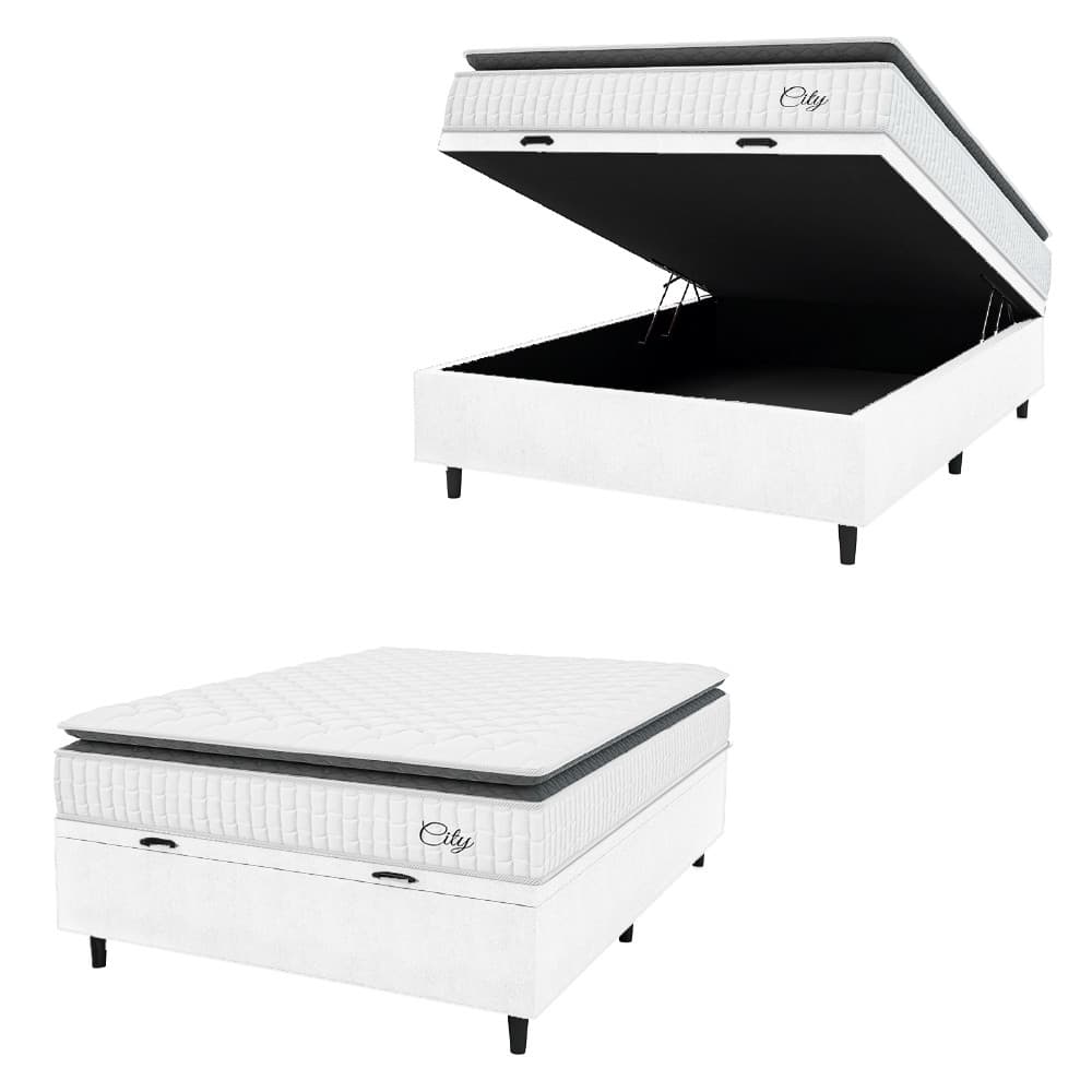 Cama Box Baú Colchão Casal Molas Ensacadas City Pillow Top 138x188x64cm Linho Branco / Preto Hellen
