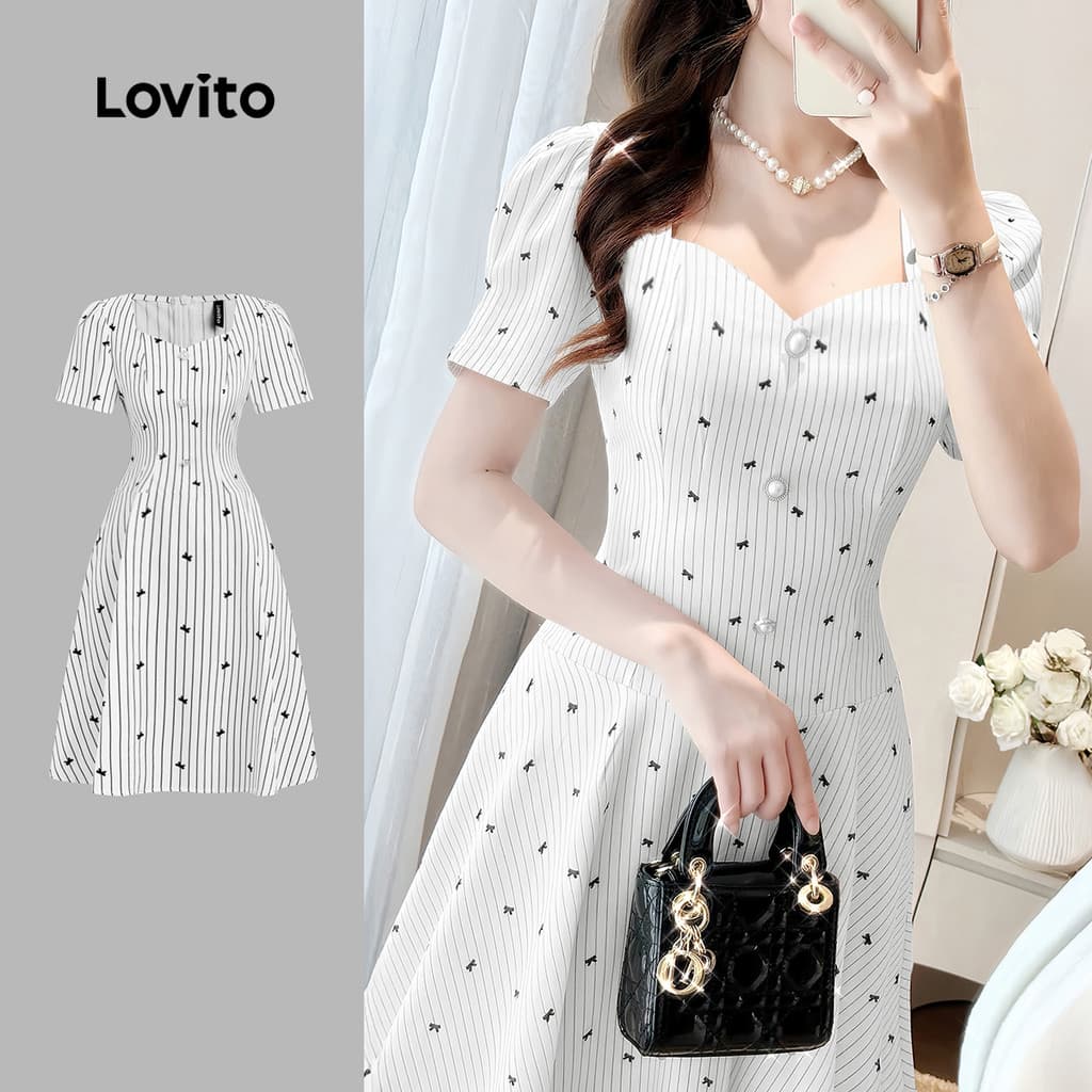 Lovito Vestido Elegante De Bolinhas Com Botões Modelo Off-white Para Primavera E Verão Ideal Para Mulheres L177ED372