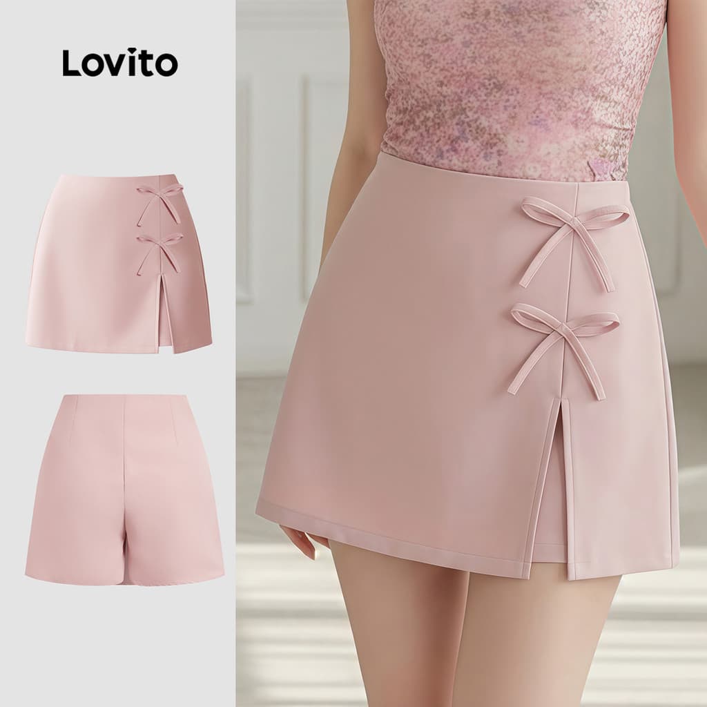 Lovito Shorts Casuais Femininos Rosa Primavera/verão com Laço e Zíper Modelo Falso 2 em 1 L183ED055