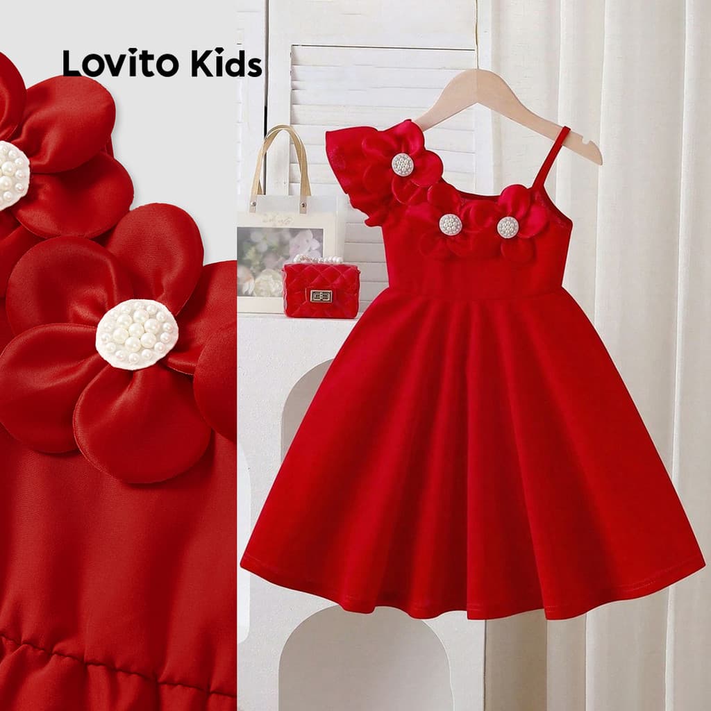 Lovito Elegante Vestido Infantil Fofo Assimétrico Primavera/verão Formaturas E Aniversários Vermelho Floral L162LD278