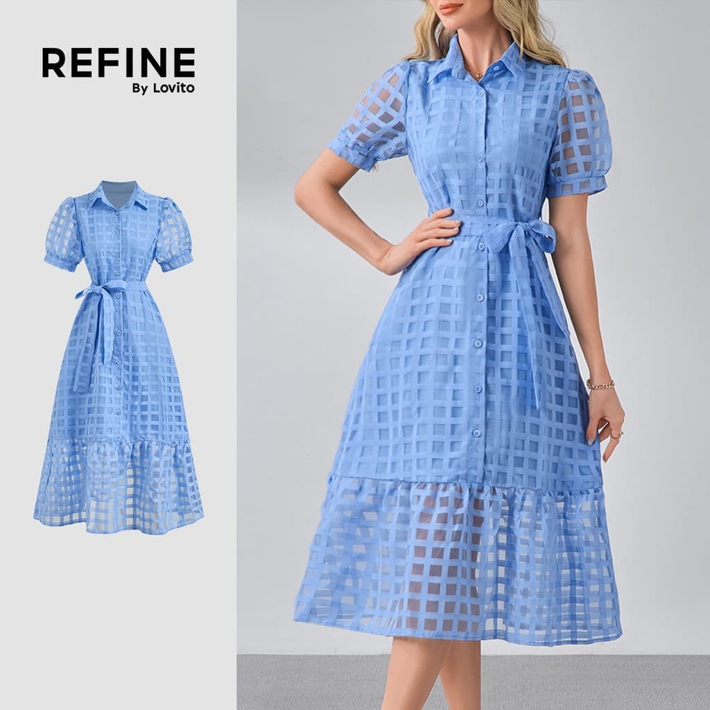 (Refine by Lovito) Babado Elegante Nacional Vestido Feminino de Botões com Cinto para Primavera/verão Azul Trabalho LR13L065