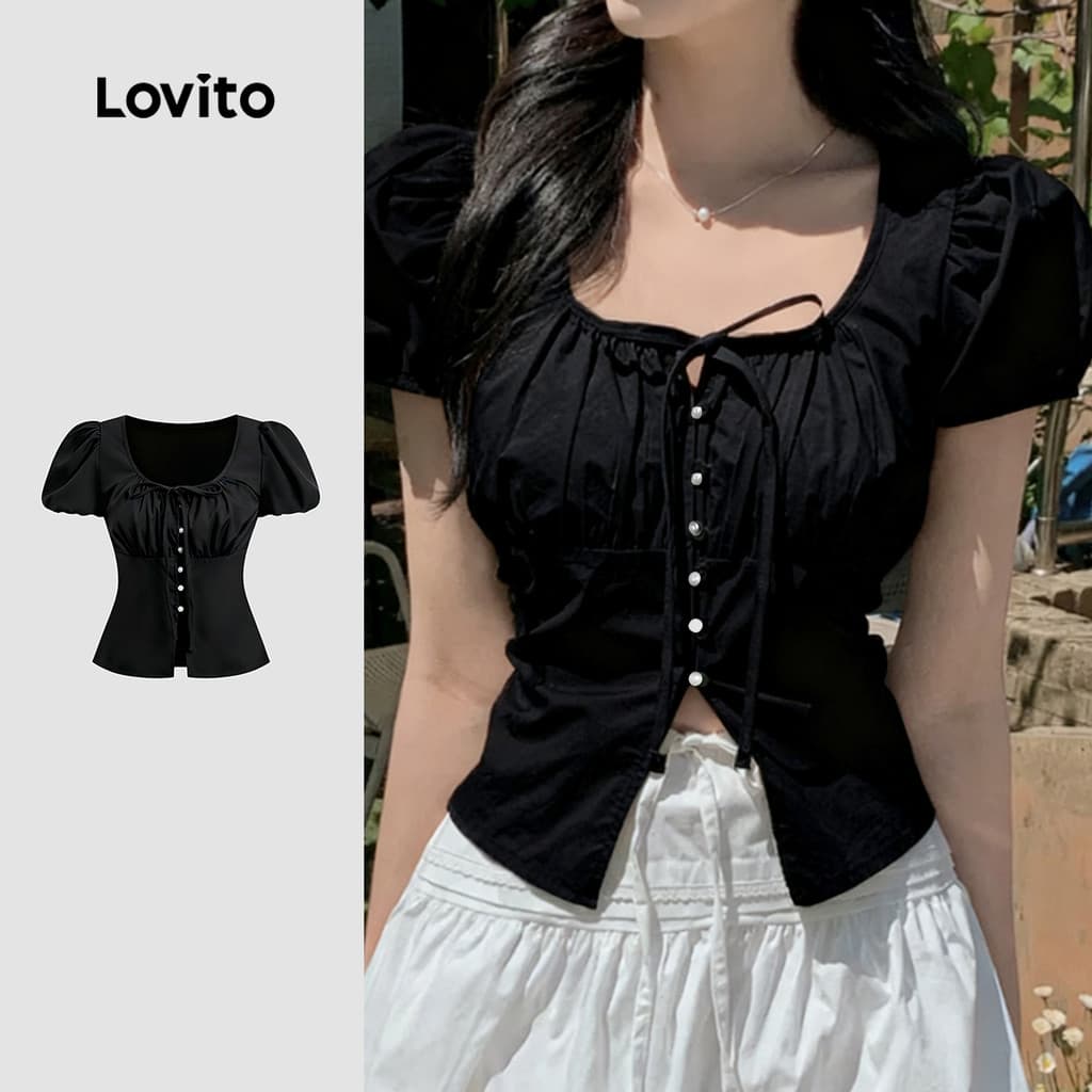 Lovito Blusa Casual com Botão e Amarração Frontal para Primavera/verão Blusa Rosa para Mulheres L165ED692