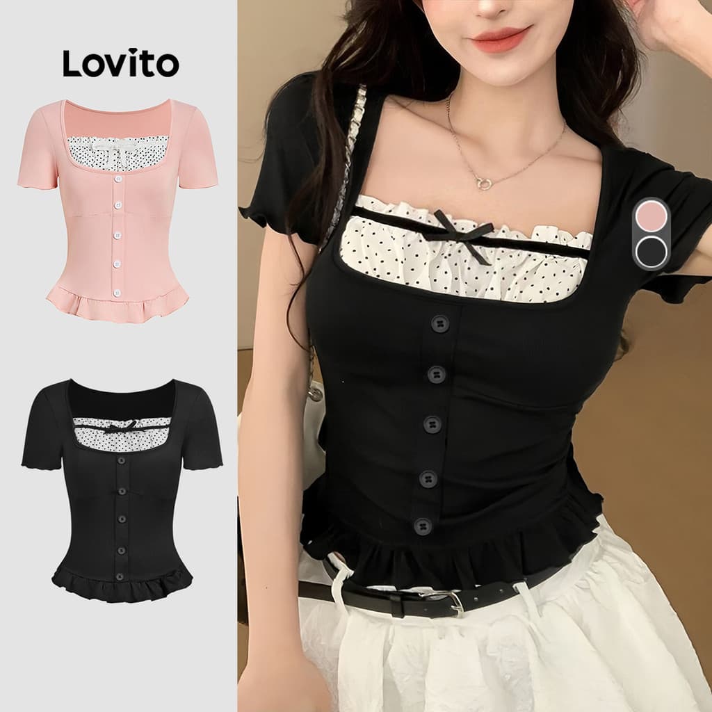 Lovito Casual Camisa Fake 2 em 1 com Laço Contrastante e Faixa de Mola/verão Camiseta preta L139AD016