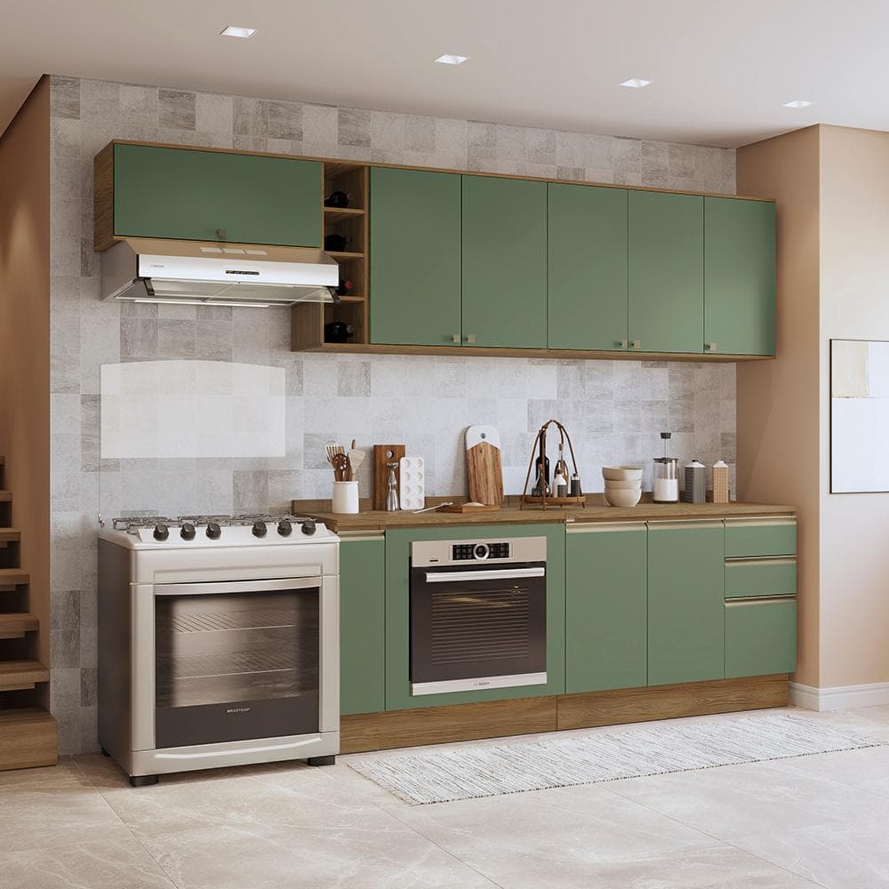 Armário de Cozinha Completa 3 Gavetas 100% MDF 300cm Nogueira/Verde Celeste Kappesberg