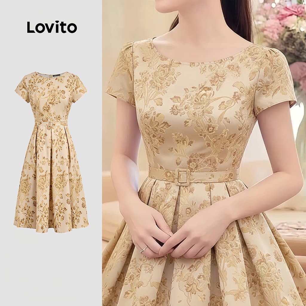 Lovito Elegante Padrão de Vestido Pregas com Cinto Primavera/verão Vestido Cáqui para Mulheres L183ED068
