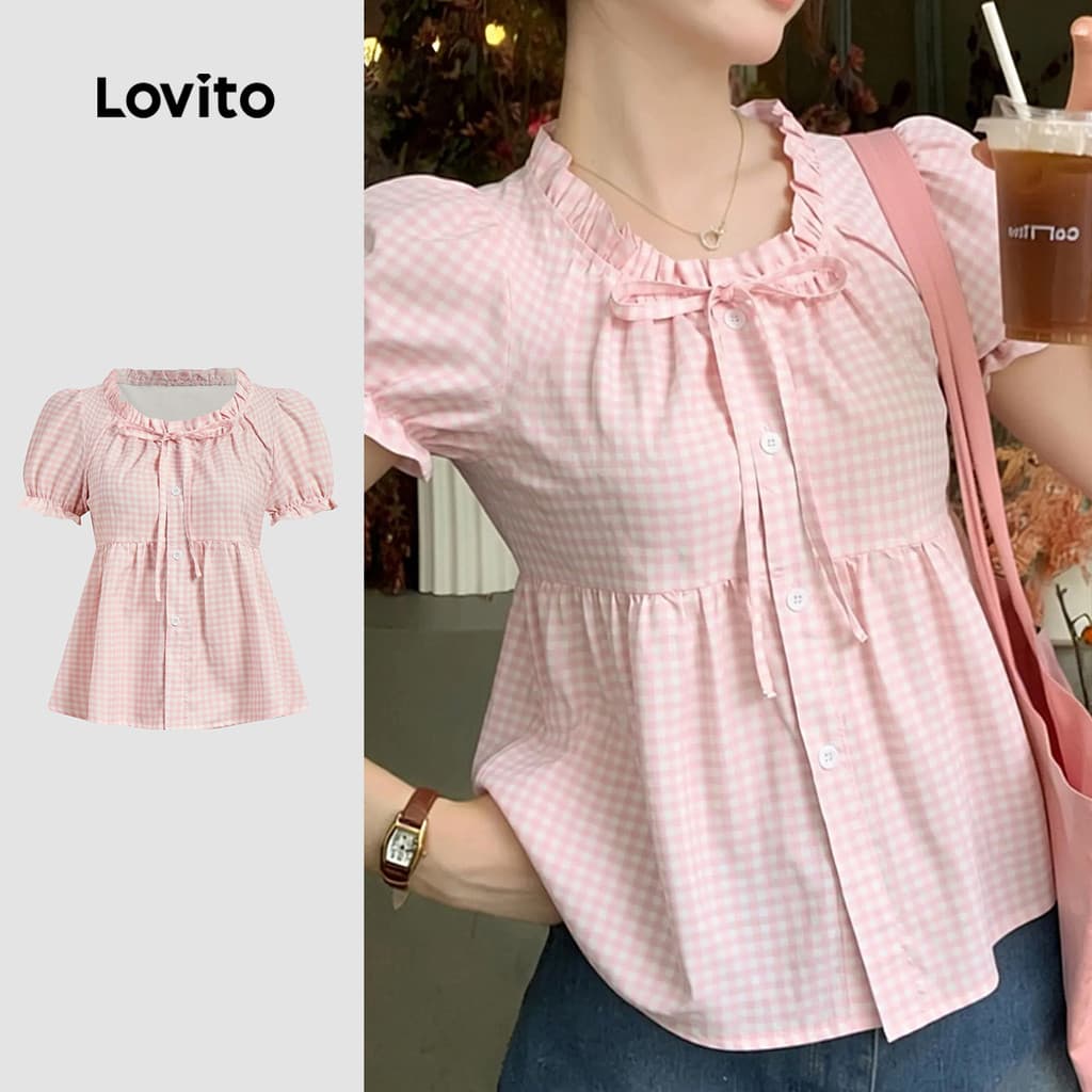 Lovito Casual Blusa Fofa com Laço Frontal para Lazer Simples Primavera/verão Rosa Blusa para Mulheres L185AD673