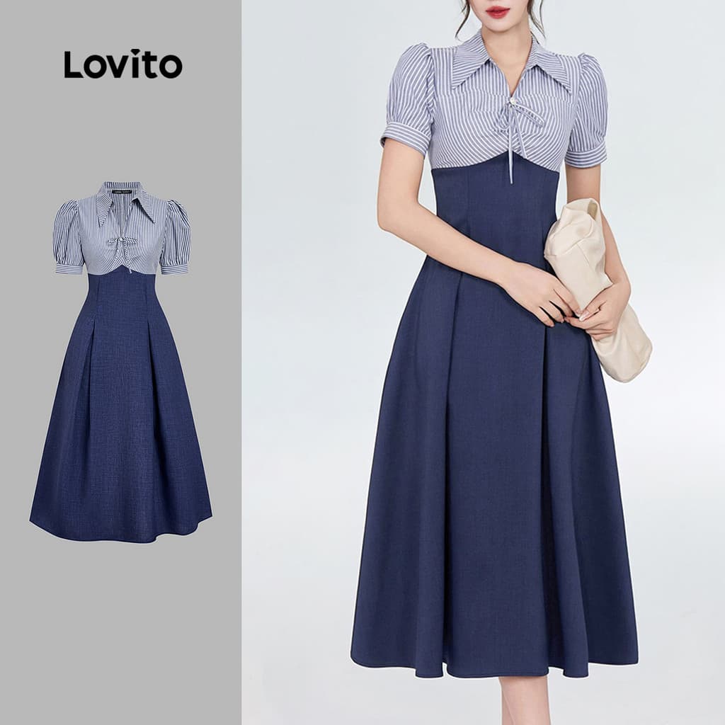 Lovito Elegante Tecido de Costura de Vestido Azul-marinho primavera/verão Bordado L165ED1571