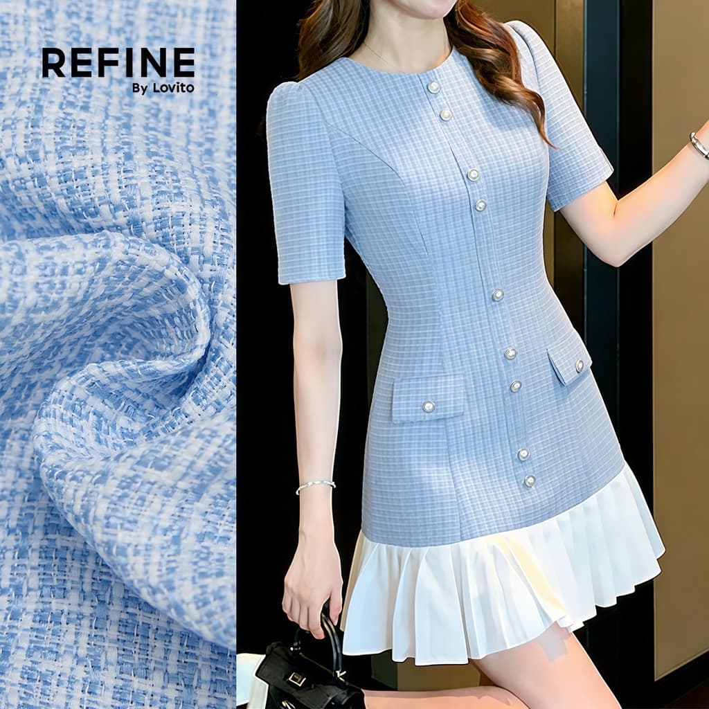 (Refine by Lovito) Vestido Elegante com Tecido Bicolor Detalhes Plissados Azul Primavera/verão para mulheres Trabalho LR35E103