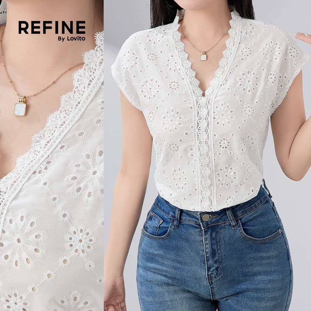 Lovito Blusa Branca Feminina De Algodão Com Mangas Curtas Decote Em V E Bordado Inglês Estilo Resort De Férias Para O Dia a Dia Na Primavera/verão LR23E059