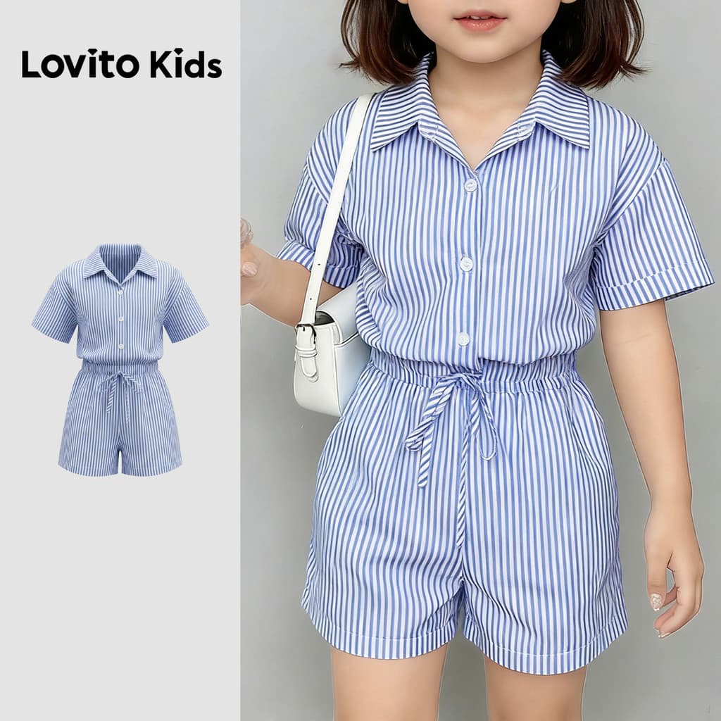 Lovito Kids Elegante Macacão com Botão Primavera/verão Azul para Menina L180LD234