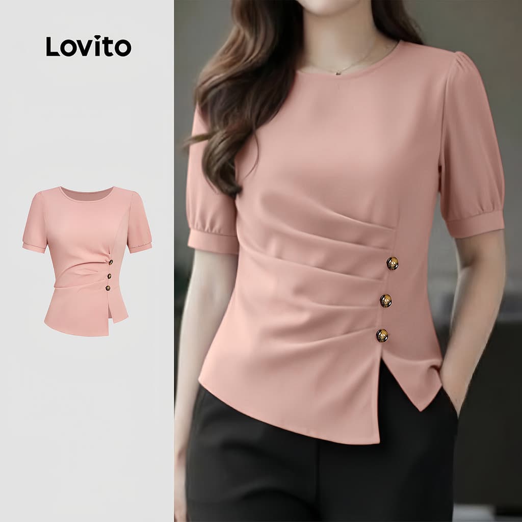 Lovito Elegante Blusa Casual Feminina Rosa Botão Plissado Primavera/Verão L183ED009