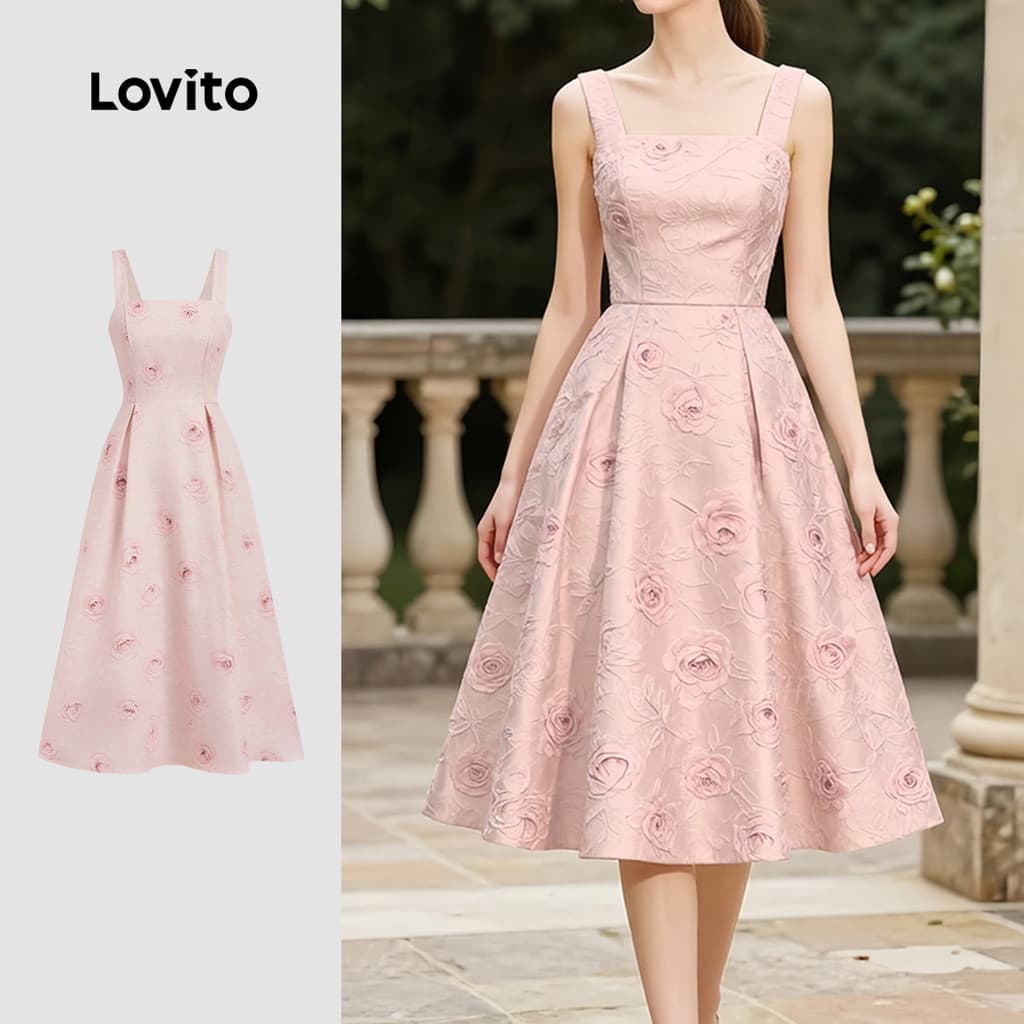 Lovito Vestido Romântico Plissado Linha Estrutural Rosa Primavera/verão para mulheres L183AD220