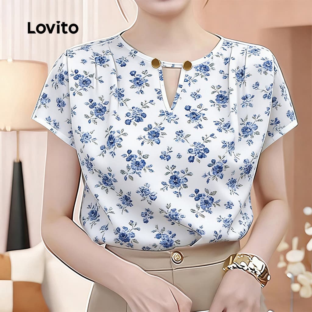 Lovito Elegante Blusa Feminina com Padrão de Botões Vazados para primavera/verão LK5AD304