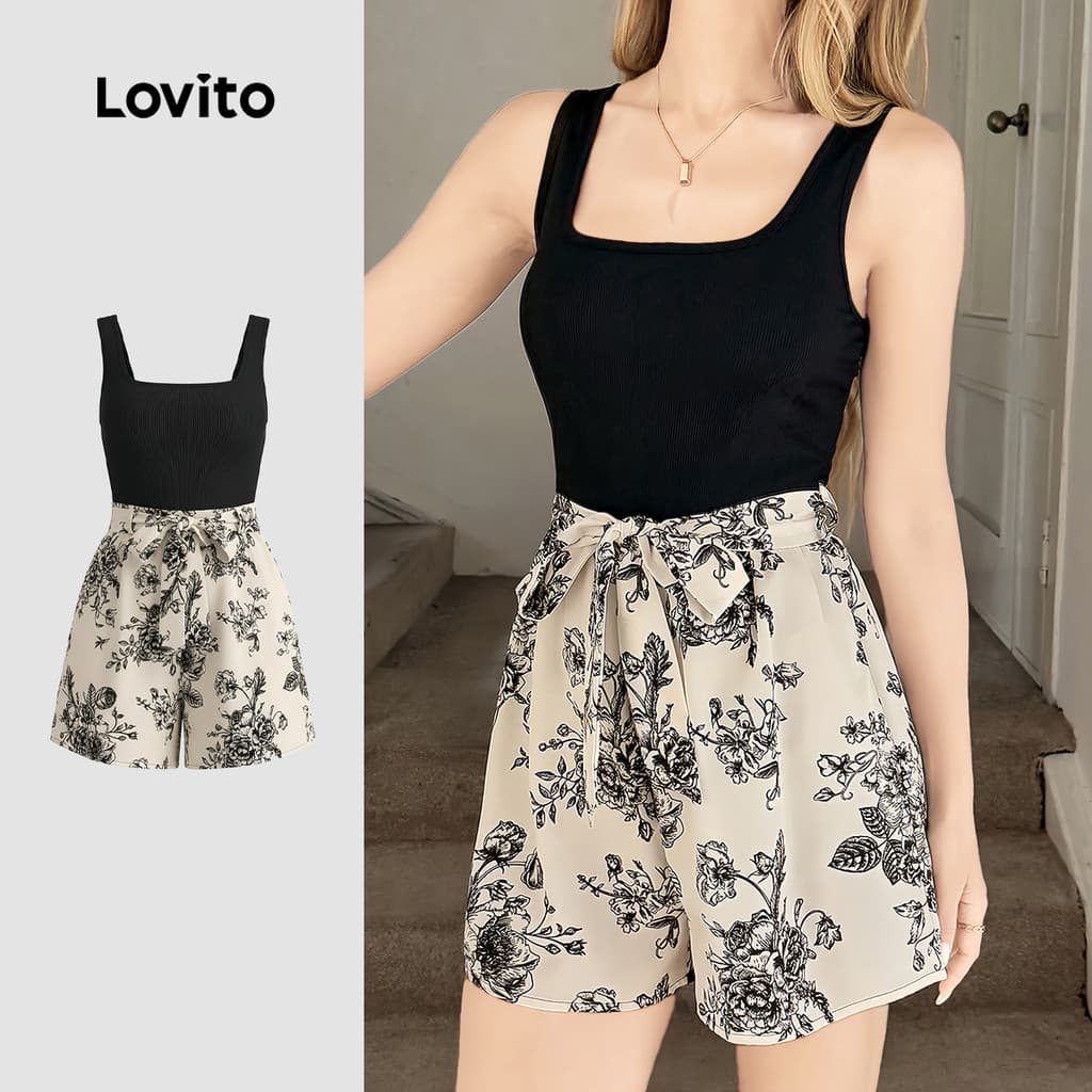 Lovito Macacão Boho com Cinto Colorblock para Primavera/verão para Mulheres LK4ED655
