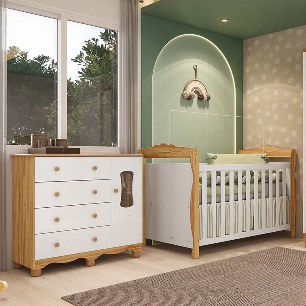 Quarto de Bebê Berço 3 em 1 Cômoda Janelada 1 Porta 100% MDF Aurora Espresso Móveis Branco/Amêndoa Branco