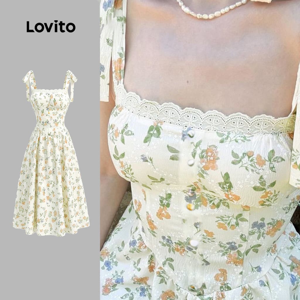 Lovito Floral Férias Vestido Romântico Com Amarração Nos Botões E Gola Com Babados Primavera E Verão Feminino Bordado LK3ED083
