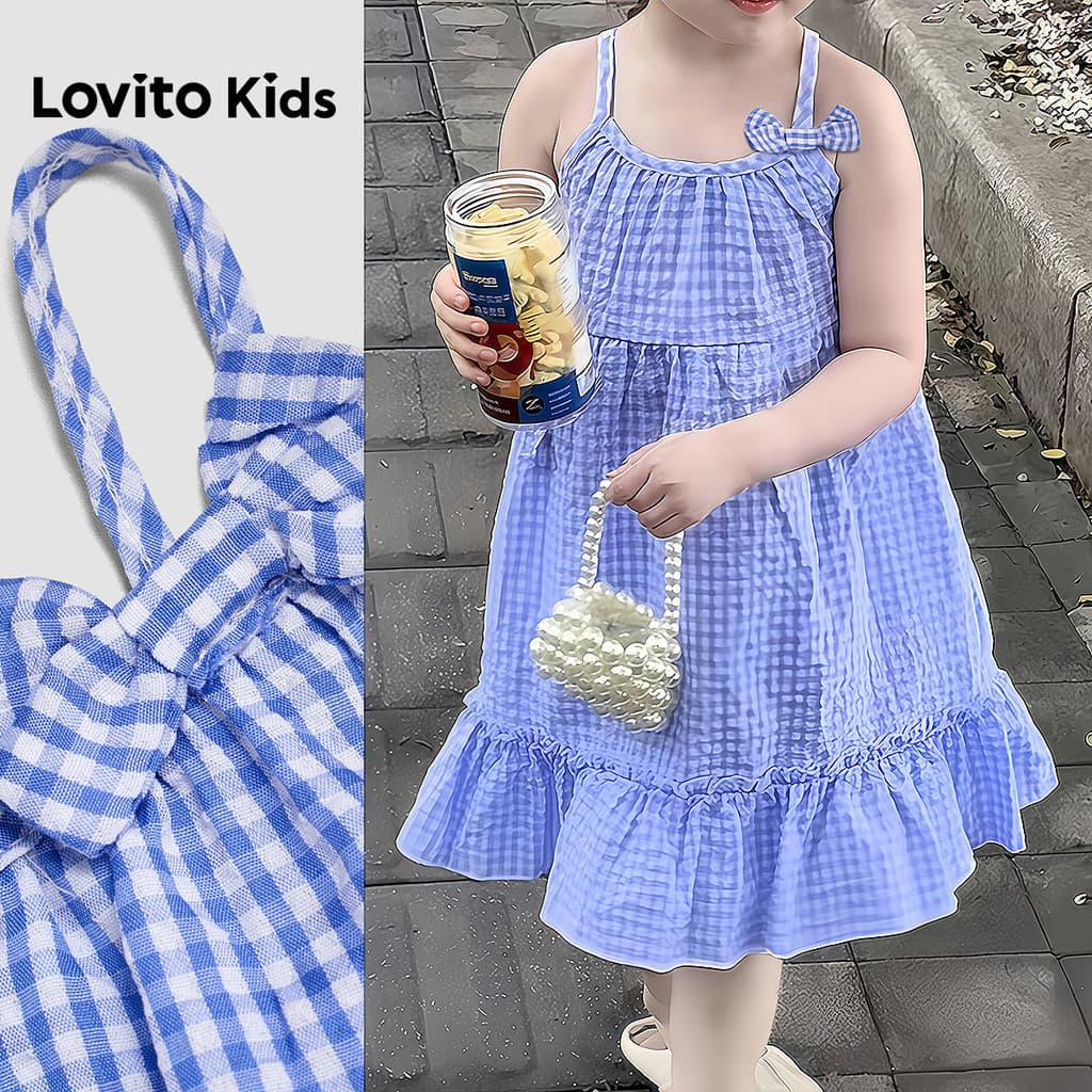 Lovito Kids Vestido Casual Azul com Laço e Acabamento Franzido Primavera/verão para menina L186LD225