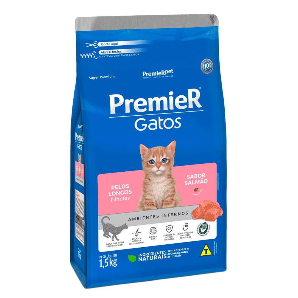 Ração Premier Pet Ambientes Internos Para Gatos Filhotes Pelos Longos Sabor Salmão 1,5kg