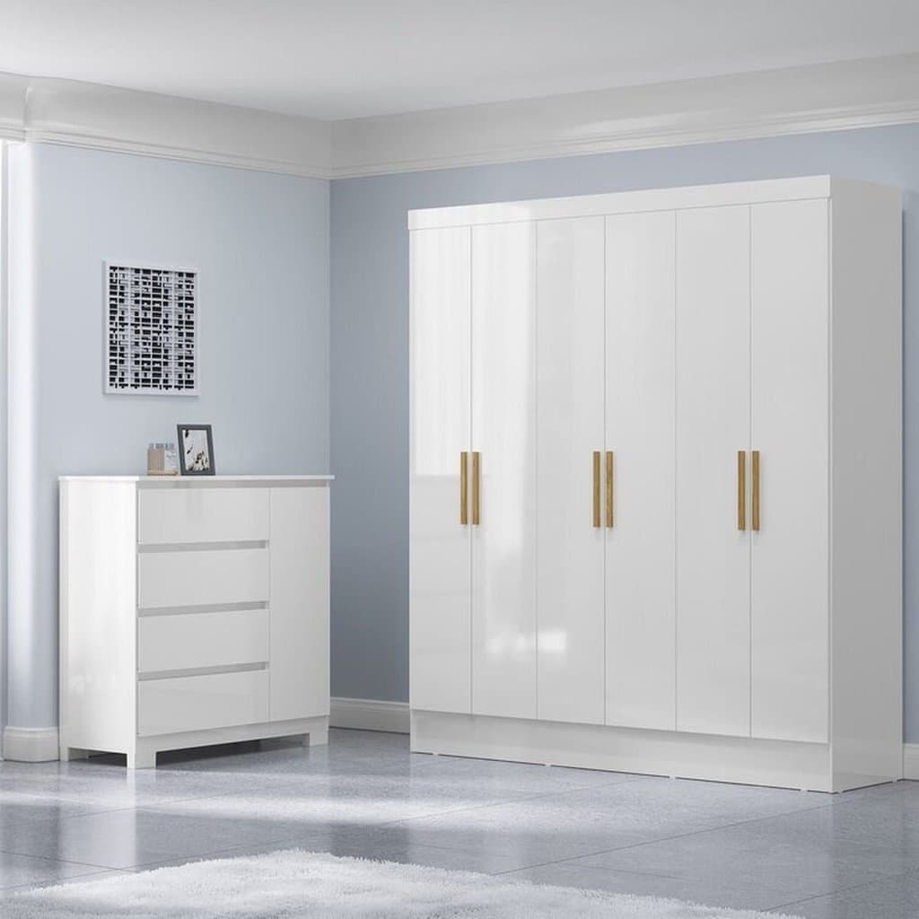 Conjunto Guarda-Roupa 6 Portas Gliese com Cômoda 1 Porta 4 Gavetas Vega Branco