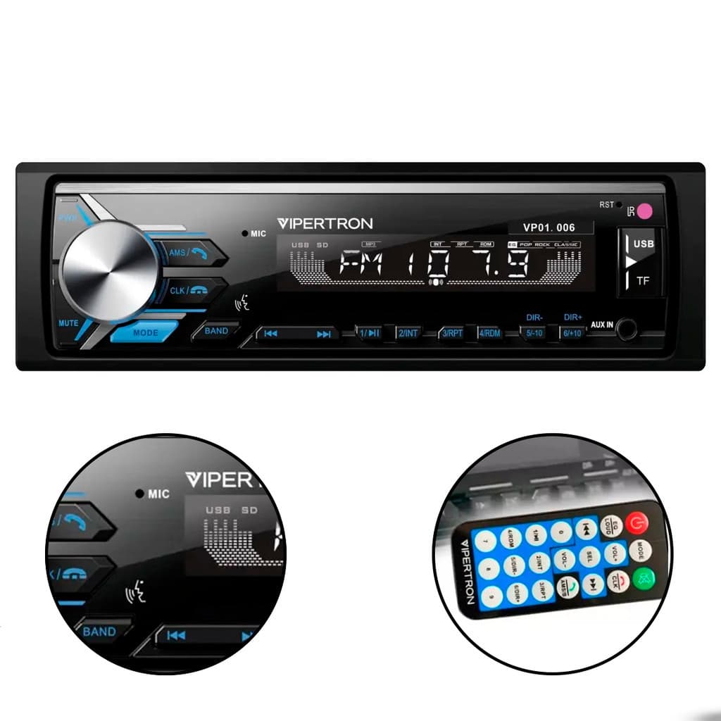 Rádio Automotivo Bluetooth Comando de Voz USB Som Mp3 Vipertron Radio VP01.006 by Tiger