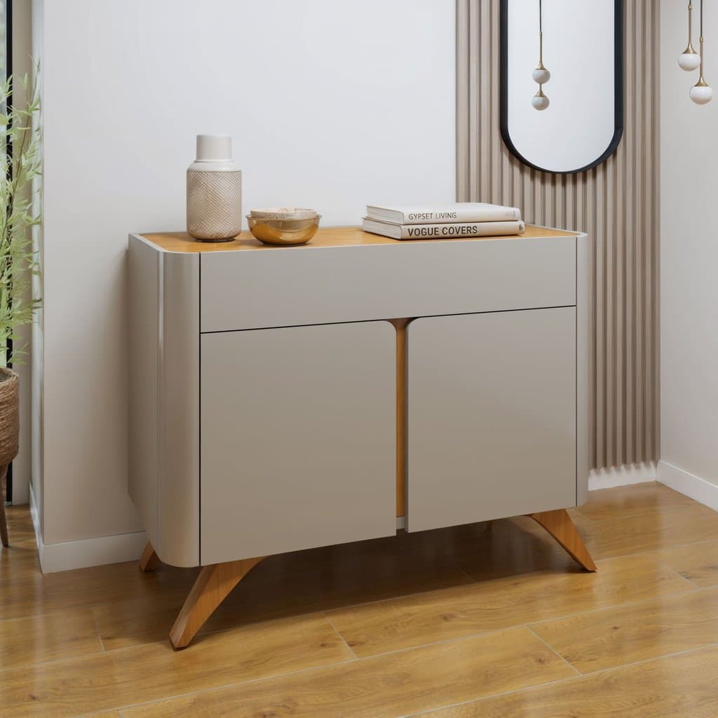 Buffet para Sala de Jantar Laqueado 100% MDF 2 Portas 92cm Pés Madeira Maciça Aros Off White/Naturalle