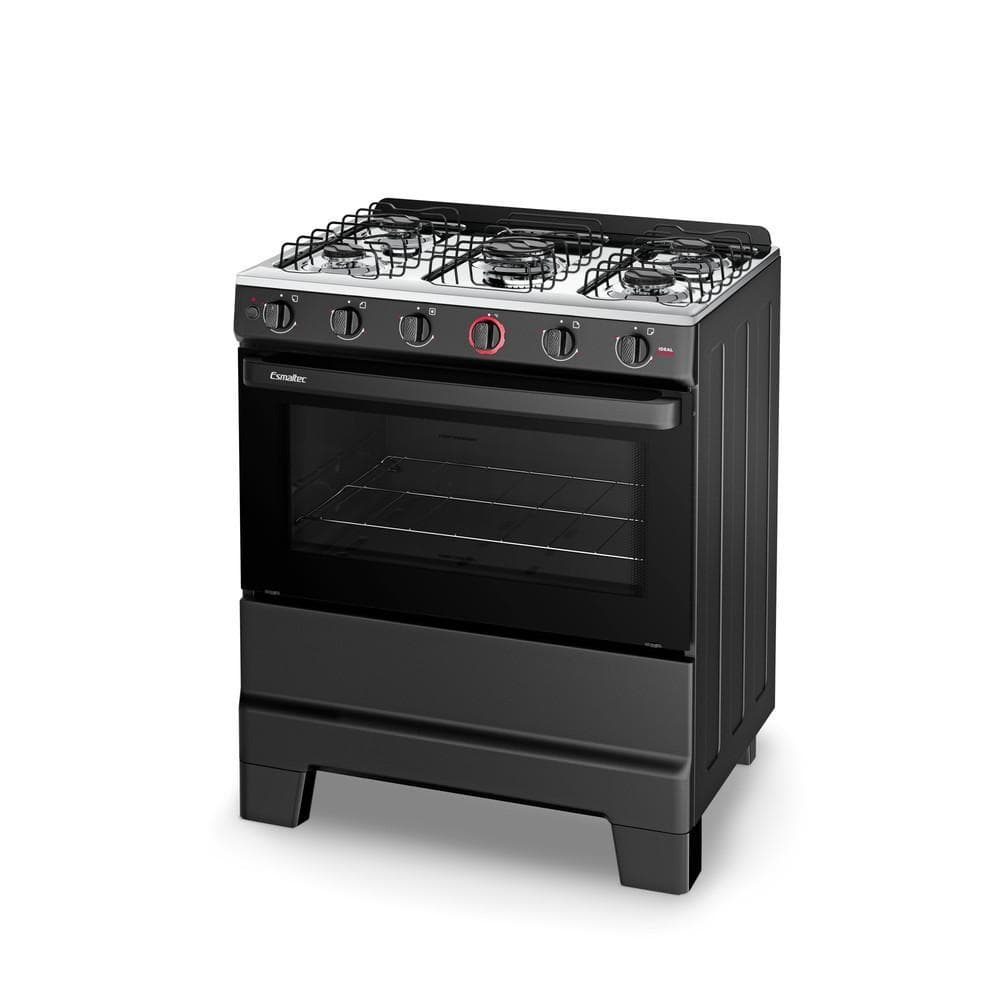 Fogão a Gás Esmaltec Ideal Super 5 Bocas 84L Bivolt Preto com Mesa Inox Acendimento Automático