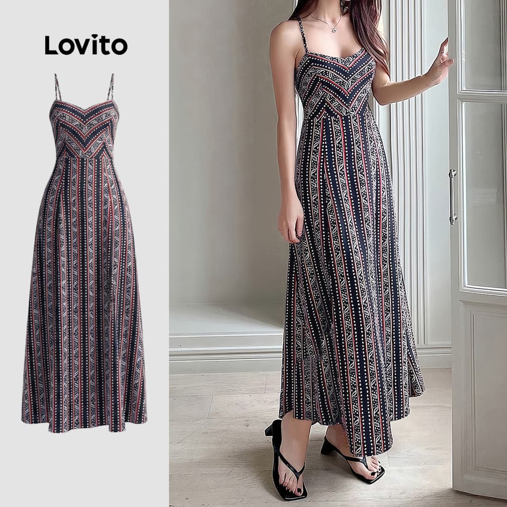 Lovito Listrado Férias Vestido com Amarração Nas Costas - Vestido Feminino para Primavera/Verão Bordado LK4LD2326