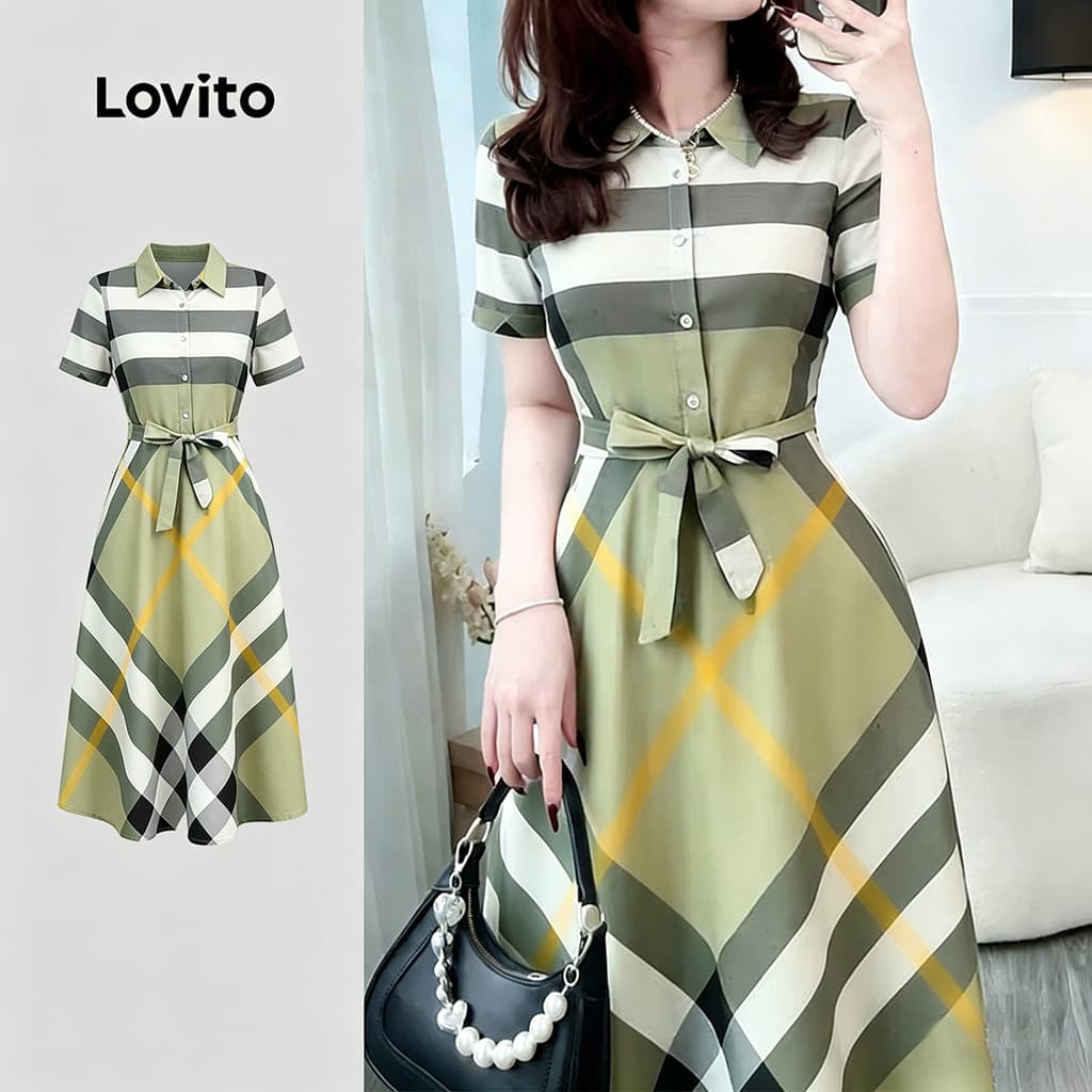 Lovito Xadrez Casual Vestido Verde Feminino Primavera/verão com Cinto e Botões LK4LD320