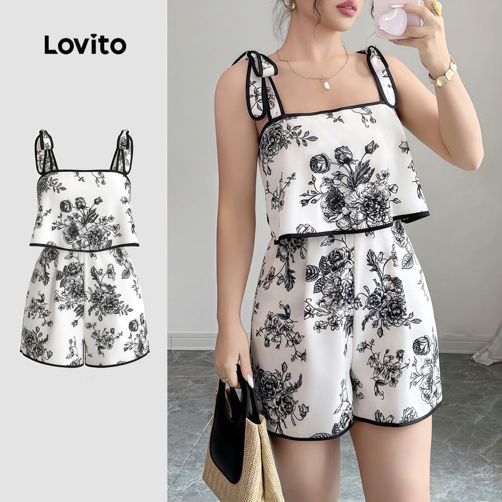 Lovito Curto Macacão Boho com Contraste de Borda Laço Flores Preto e Branco Macacão Feminino LK4AD007