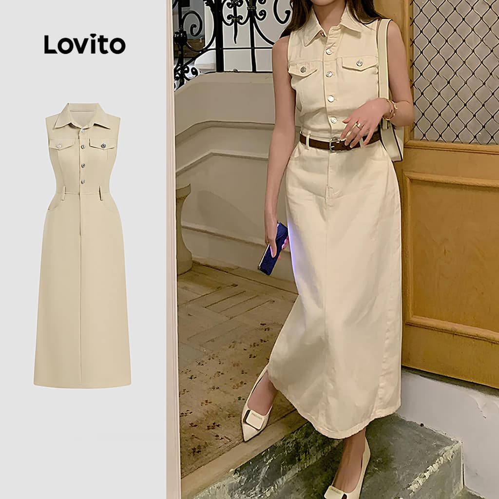Lovito Fecho Frontal Elegante Vestido com Botões para Primavera/verão em Tom Cáqui Claro para mulheres L154LD253
