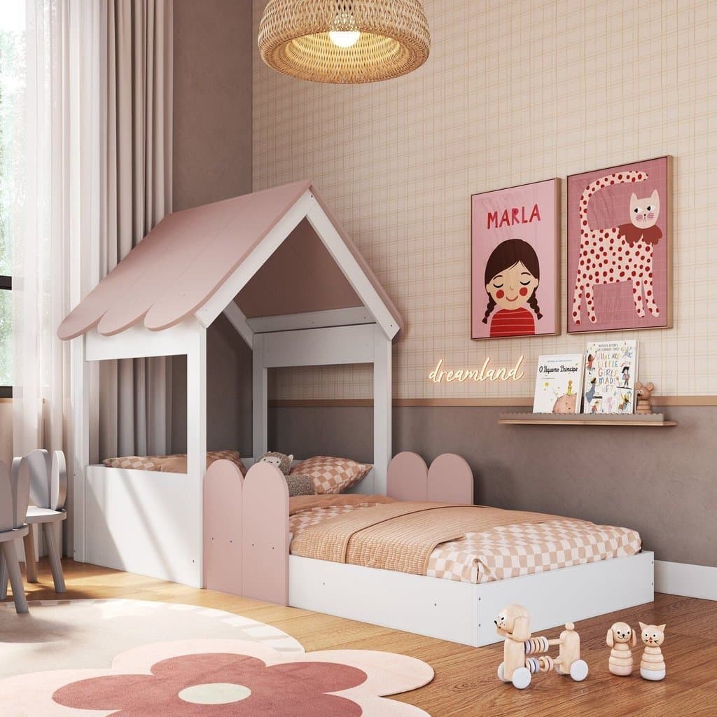 Cama Infantil Montessoriana com Casinha Infanto Branco/Rosa Milkshake Branco/Rosa