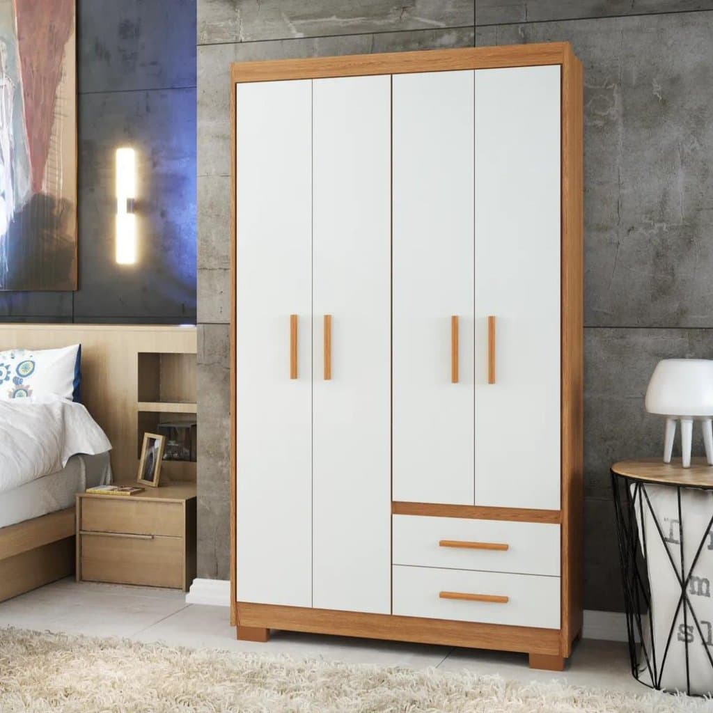 Guarda Roupa Casal 4 Portas 2 Gavetas Primacy Branco/Freijó Wood/Off-White Freijó/Off White