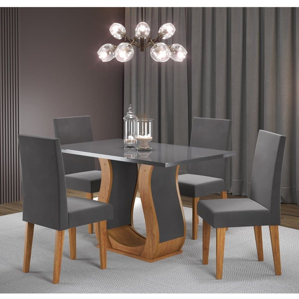 Conjunto de Jantar Mesa 120x80cm Tampo Vidro/mdp Inovare com 4 Cadeiras Venus Mel/Grafite