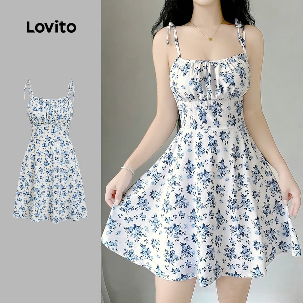Lovito Vestido Casual Estampa Estilo Resort Azul/branco Primavera/verão para Mulheres L183AD363