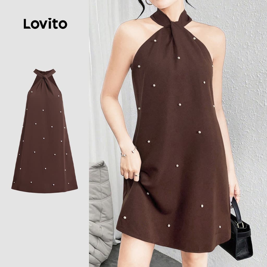 Lovito Curto Elegante Vestido pérolas plissado primavera/verão vestido marrom para mulheres LK3ED1790