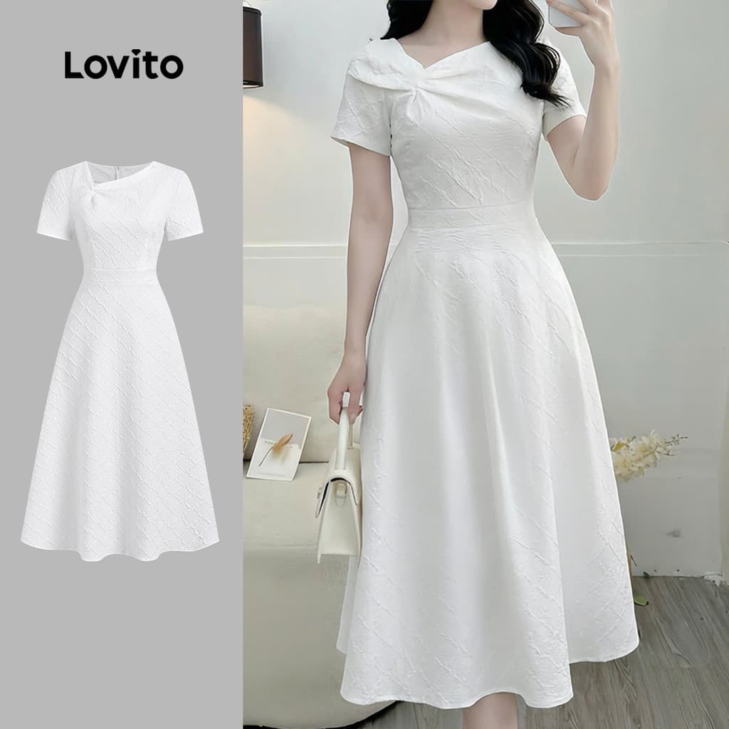Lovito Vestido Branco com Zíper e Pregas Elegante Primavera/verão para Mulheres LK4LD1956