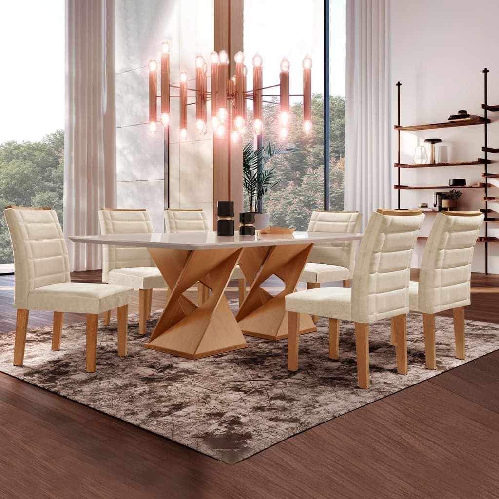 Conjunto Mesa de Jantar com 6 Cadeiras Tampo Vidro/MDF Genova Smart Plus
