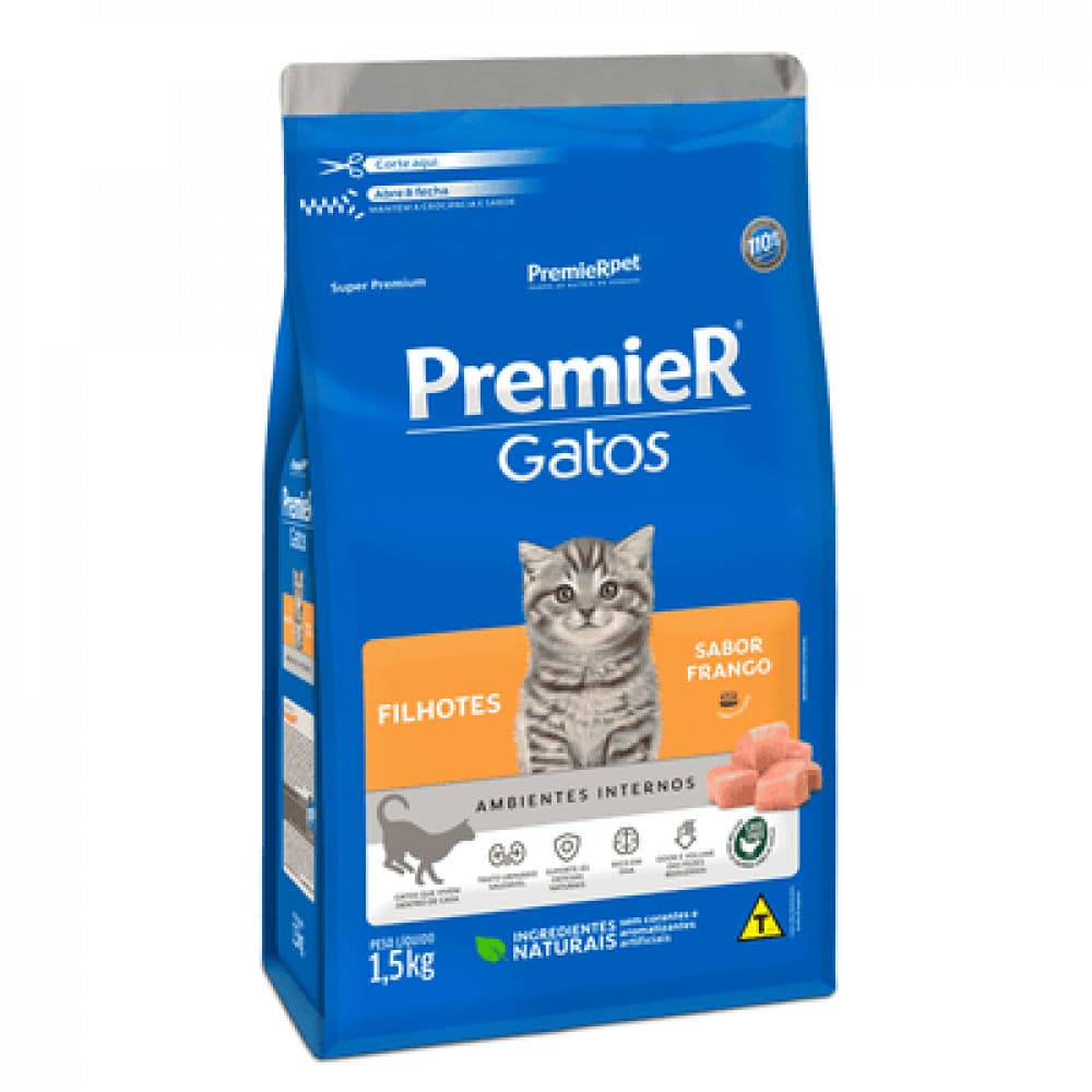 Ração Seca Gatos Ambientes Internos Filhotes Sabor Frango 1,5kg Premier