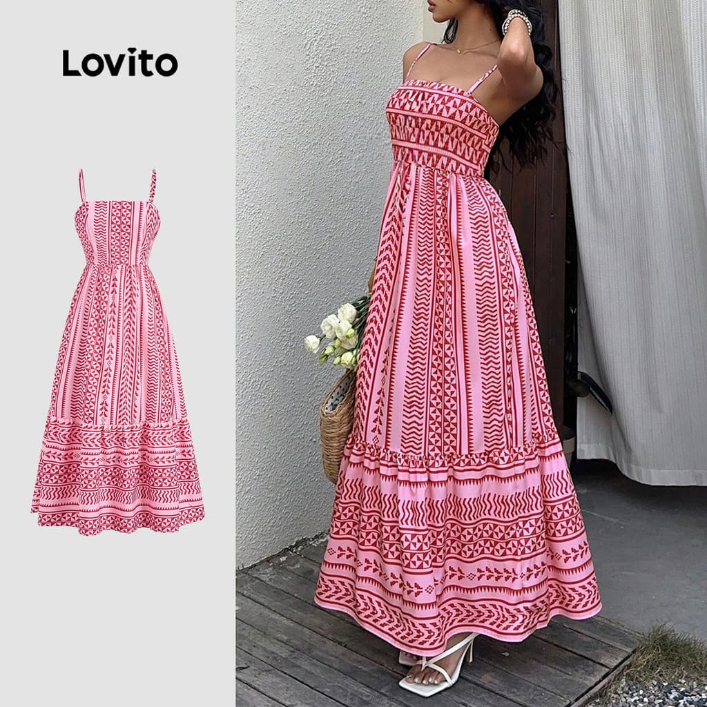 Lovito Longo Nacional Vestido Boho com Babados para Primavera/verão para Mulheres LBL30095
