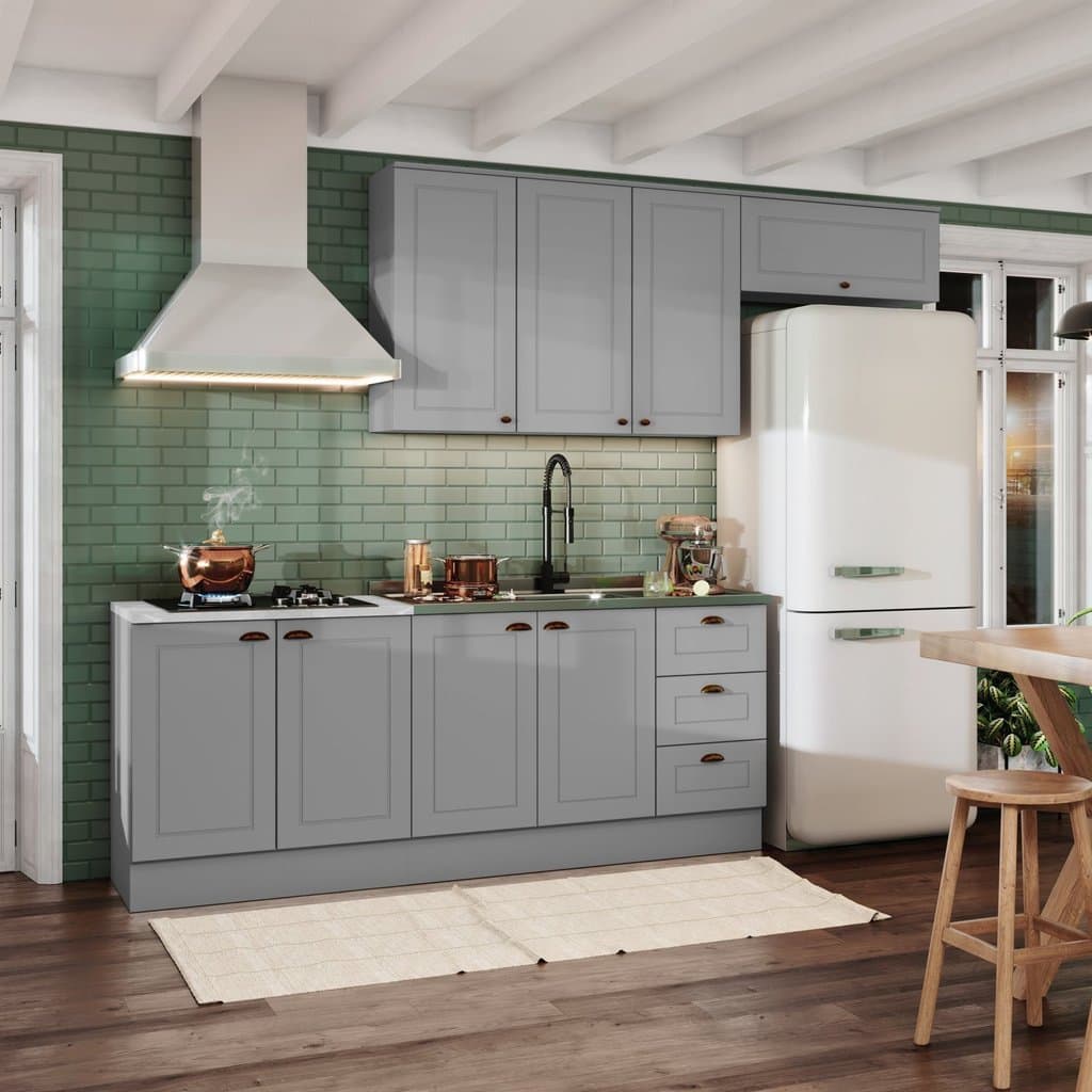 Cozinha Compacta Modulada 4 Peças com Balcão para Pia e Aéreo Emily Cinza/Calcare Cinza/Calcare