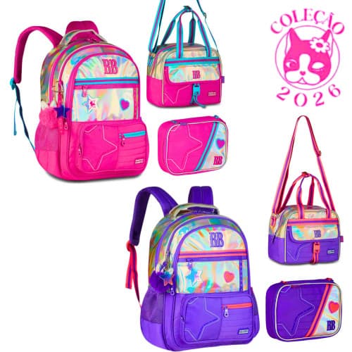 Kit Mochila de Costas ,Lancheira e  Estojo Rebecca Bonbon Holo Shine