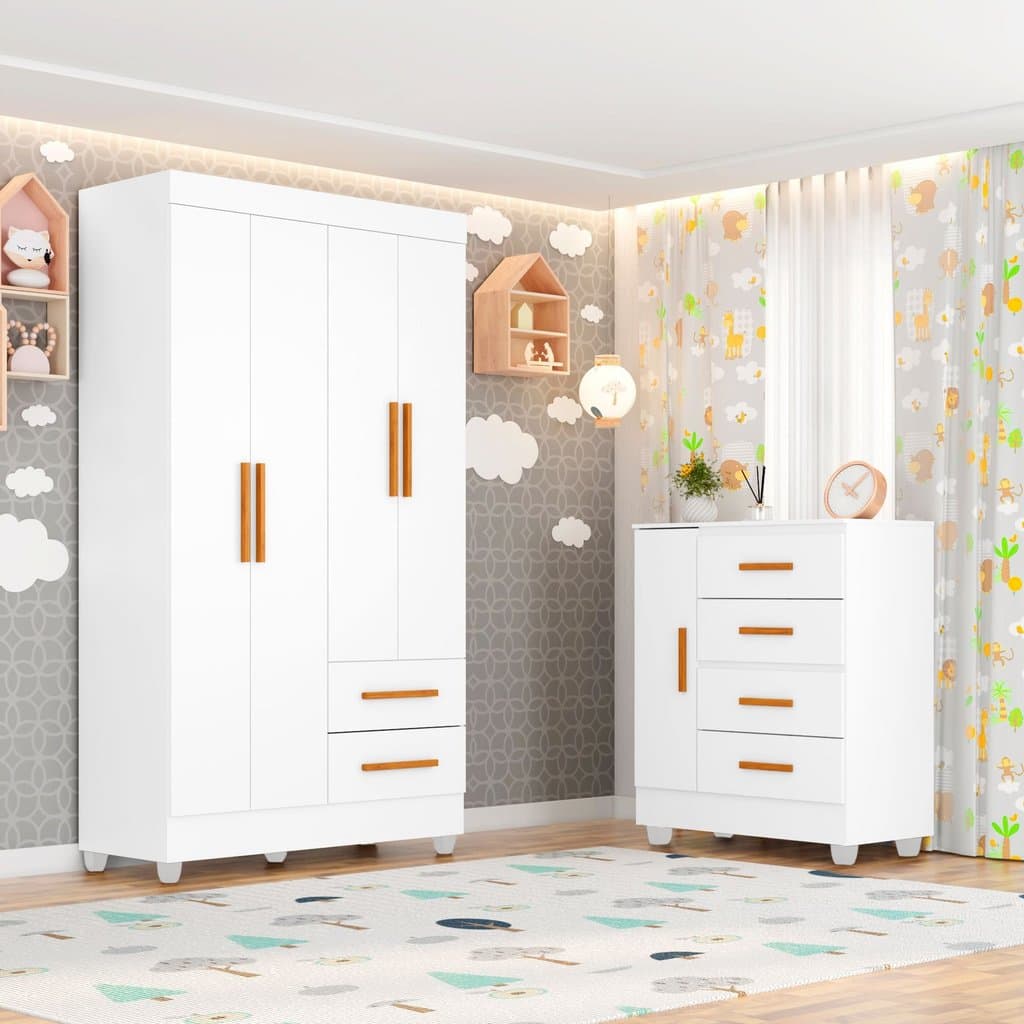 Quarto Bebê Infantil com Guarda-Roupa 4 Portas e 2 Gavetas com Cômoda 4 Gavetas e 1 Porta Branco