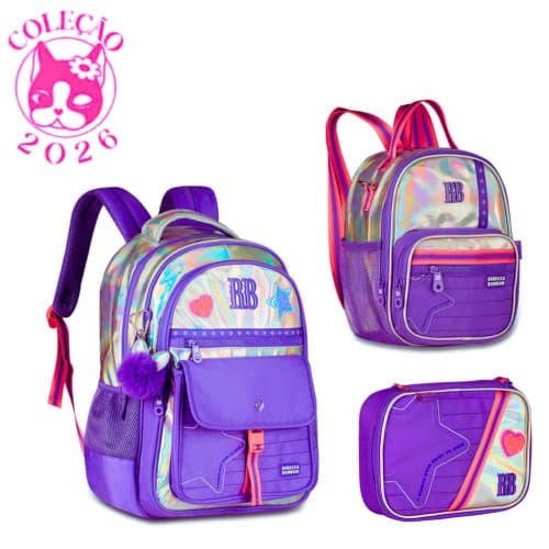 Kit Mochila de Costas Com Lancheira 2em1 e Estojo Rebecca Bonbon Shine - Cor:Roxo