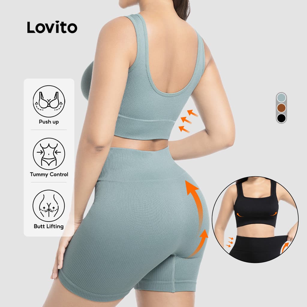 Lovito Push Up Casual Short De Academia Feminino Conjunto Levanta Bumbum Yoga Conjunto Acolchoado Sutiã Cintura Alta LNE116X057