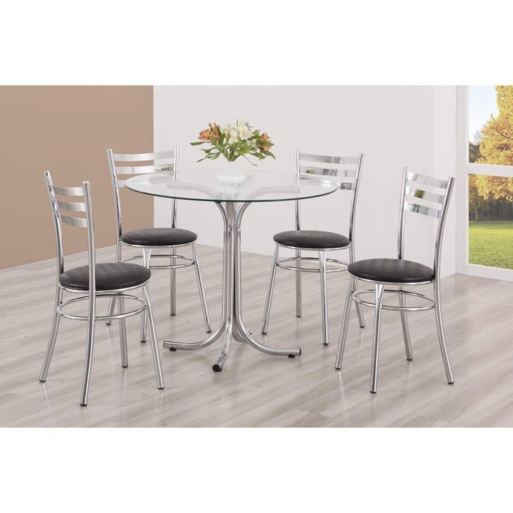Conjunto Mesa Redonda Tampo de Vidro e 4 Cadeiras Assento Estofado Cromado/Preto Cromado/Preto