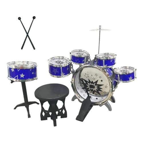 Bateria Infantil Musical Azul Com Banquinho Completa Estimula Coordenação Motora Criatividade e Ritmo Musical