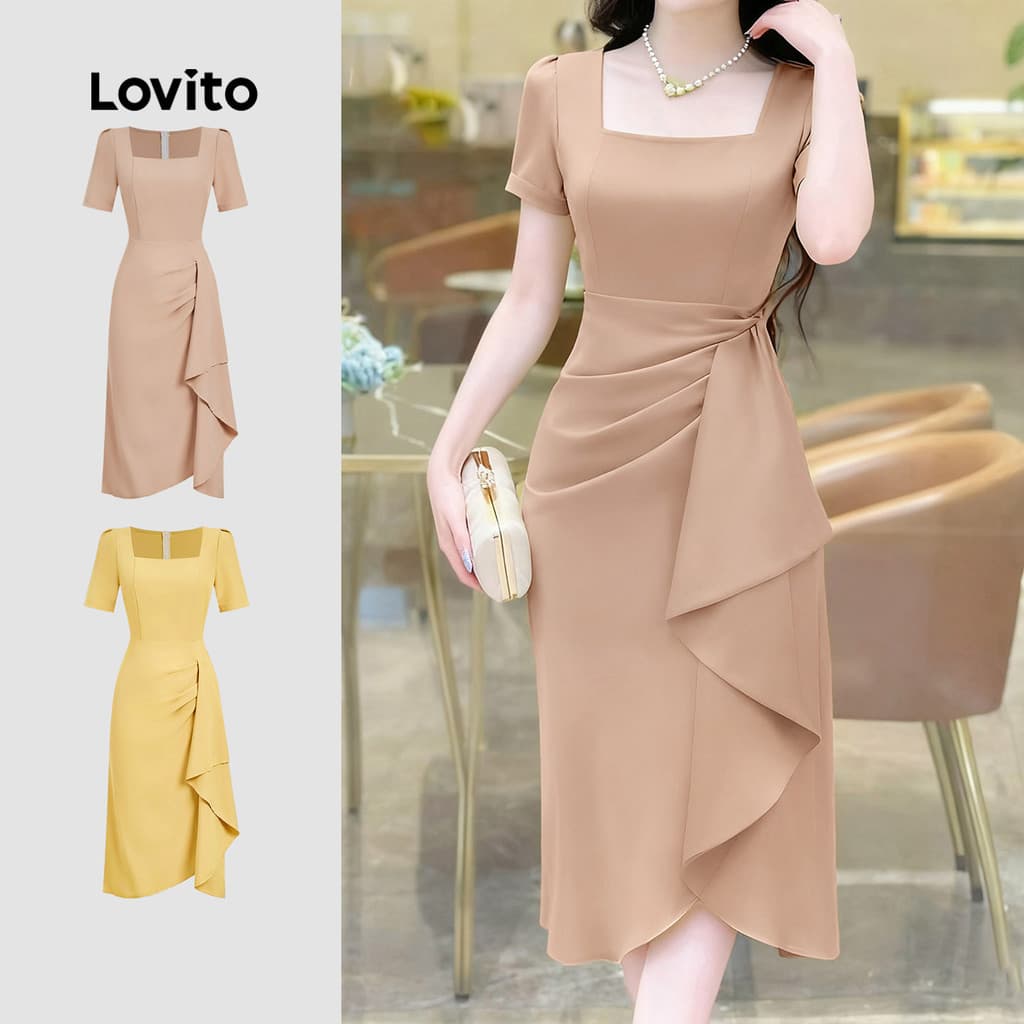 Lovito Midi Elegante Vestido Assimétrico para Mulheres Primavera/verão em Caqui L164LD027