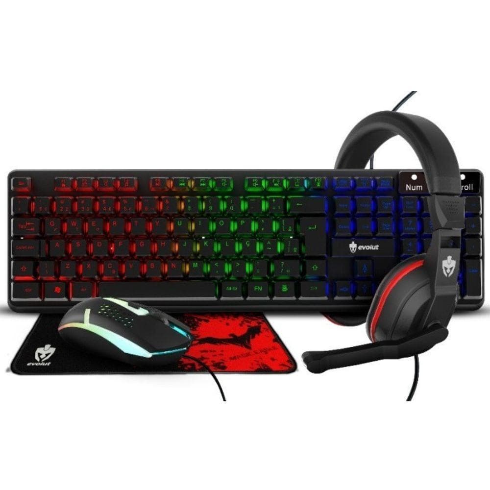 Kit Gamer Evolut EG-54, Mouse, Teclado, Headset e Mousepad, RGB, Preto